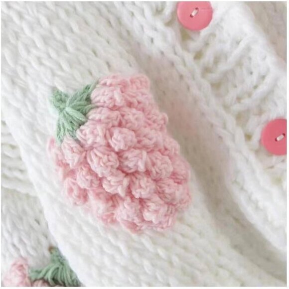 Women's Pink Knit Cardigan 100% Acrylic V Neck Button Embroidered Strawberry - Picture 5 of 6